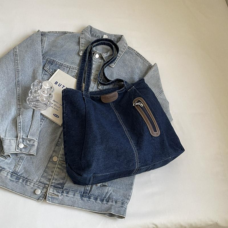 Damen-Umhängetasche mit großem Fassungsvermögen, Denim-Einkaufstasche, Schultasche