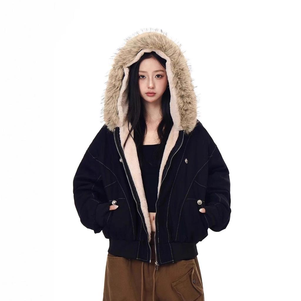 Unisex Retro Patchwork Pelzkragen Kapuzen Baumwolljacke – Winterdesign, Kurzmantel mit Fleecefutter.