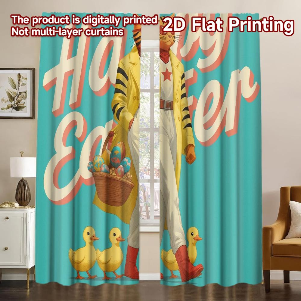 

Flat Printing New Year Scene Curtains Easter Bunny Versatile Polyester Without Electricity Party Decorations Curtain Set Of 2 Made Washable W100*H70(CM)-Grommet top&1PCS