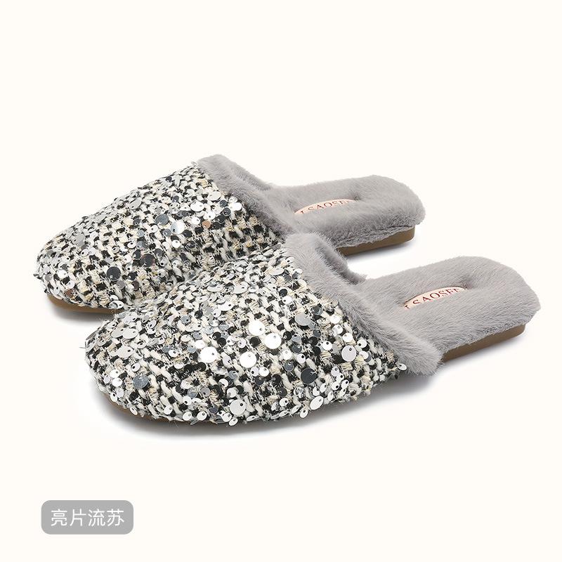 

Fashion Luxury Sequins Tweed Design Home Slipper Women Fashion Round Toe Flat Slipper Cozy Fluffy Winter Cotton Slipper Zapatos De Mujer 36-37