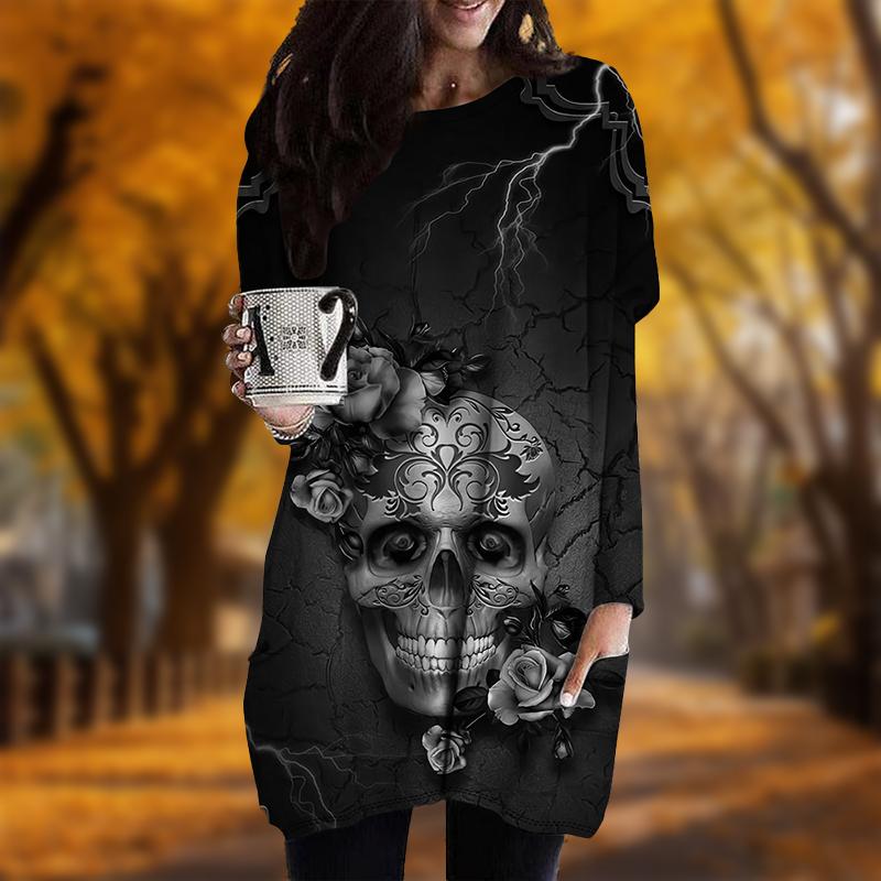 New In Autumn Skull Lightning Print Plus Size Dress Women O'neck Long Sleeves Casual Pocket Dresses