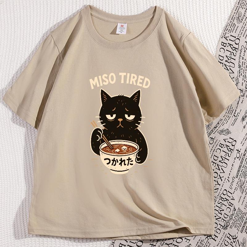 Funny Cat T Shirt Cotton Miso Tired Ramen Tee Kawaii Japanese Food TShirt Foodie Graphic Tees Streetwear Clothing Y2k Clothes
