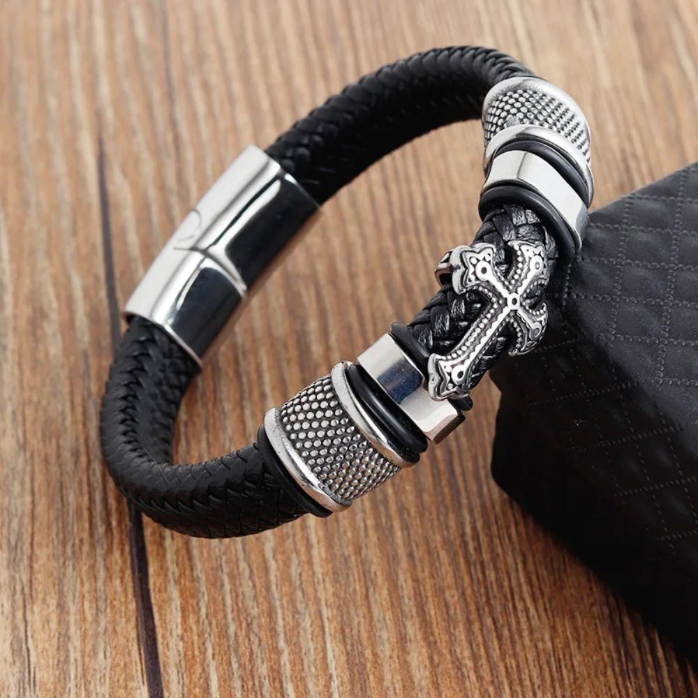 Luksus Herrearmbånd Kors Titanstål Vintage Motesmykker Lær Flettet Trend Personlighet Hot Selling Armbånd