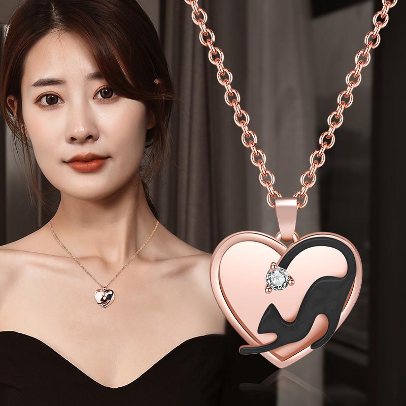 Double Fashionable Layer Heart Cat Pendant Necklace In Sparkling Titanium Steel For Elegant Giving Gift
