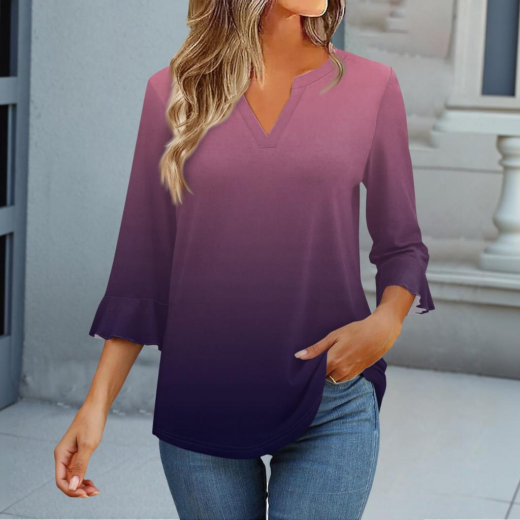 Dámské topy s 3/4 rukávem Tričko Ležérní Zvonové rukávy Potisk Tunika Výstřih do V Svetr Halenka