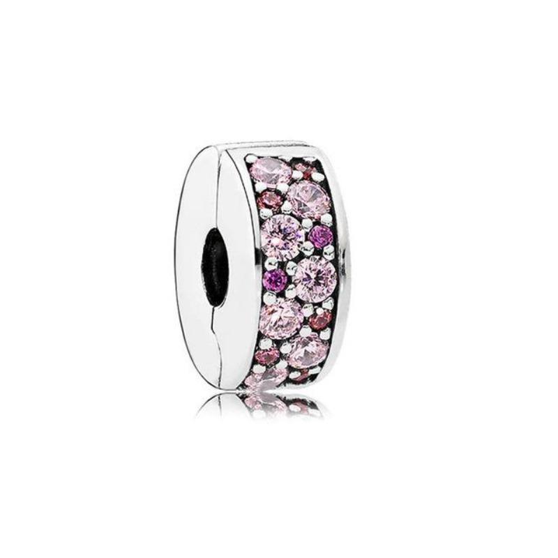 Classic Copper Round Flower Pattern Sparkling Pink Heart-Shaped Clip Charm Bead Fit For Original Bracelet Diy Women'S Jewelry
