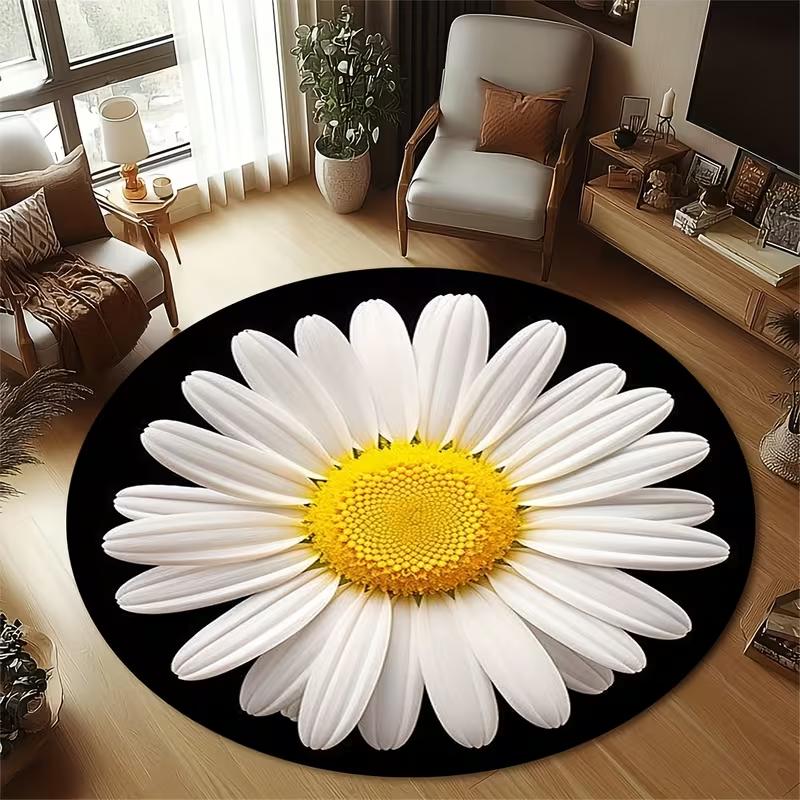 Sunflower Design Round Floor Mat Black Base Bright Bloom Pattern Non Slip Circle Carpet for Bedroom Living Room Indoor Use