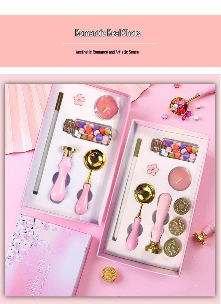Cherry Blossom Wax Seal Stamp Gift Set: Copper Head, Mixed Color Wax, Spoon & 6-Piece Kit