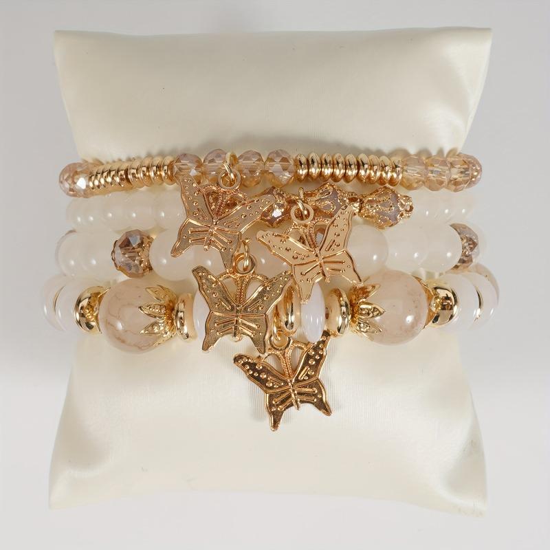 4Pcs Bohemian Butterfly Beaded Bracelets, Crystal Zinc Alloy Pendant, Ladies Daily Party Jewelry