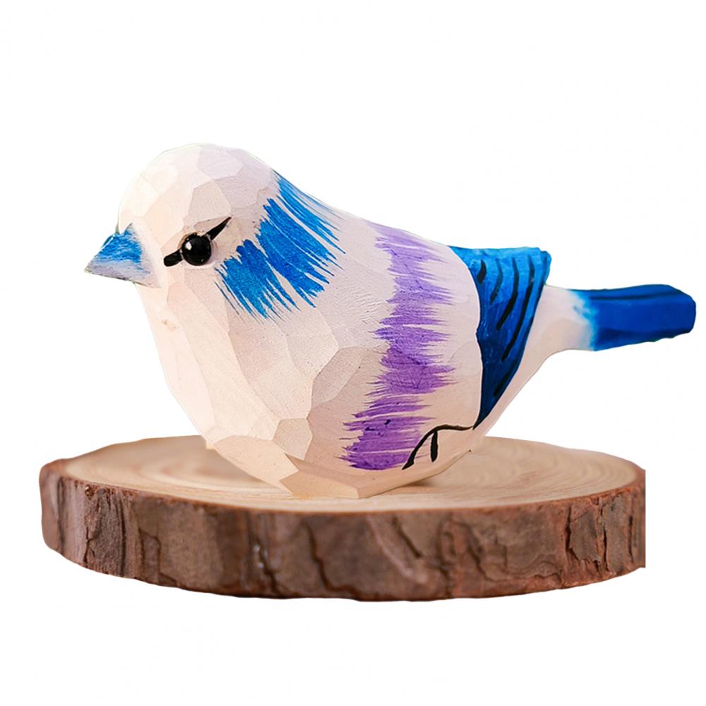 Colorful Fly Bird Sparrow Small Statue Figurine Ornament with Wood Base Art Bird Carving Decor Feather Animal Model Desktop