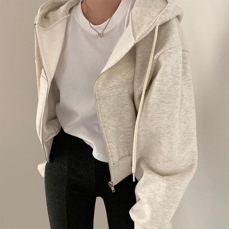Vintage Korean Women's Oversized Zip Up Hoodie Jacket Long Sleeve Solid Color Harajuku Fashion Autumn Hooded Sweatshirt
