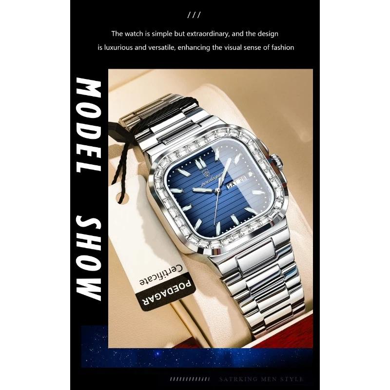 POEDAGAR Top Brand Luxury Watch for Men Waterproof Luminous Date Week Wristwatch Stainless Steel Square Quartz Watches