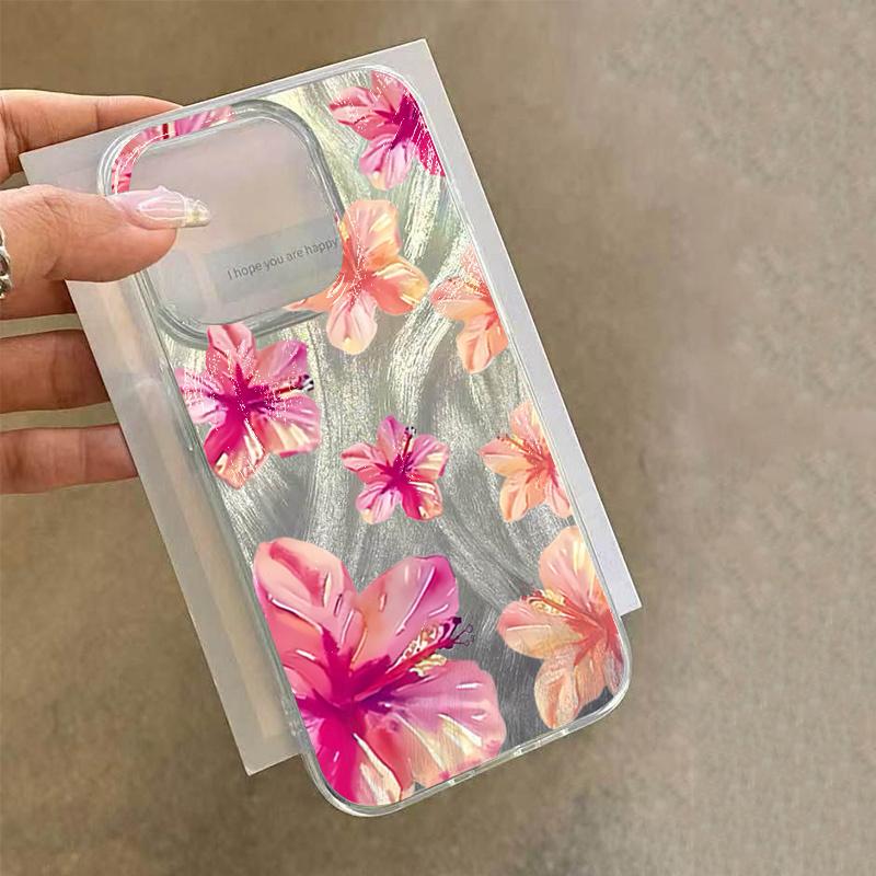 Pink Hibiscus Floral Feather Art Phone Case for iPhone 17 16 15 14 13 12 11 Series Pro Max Plus Double Layer Protection