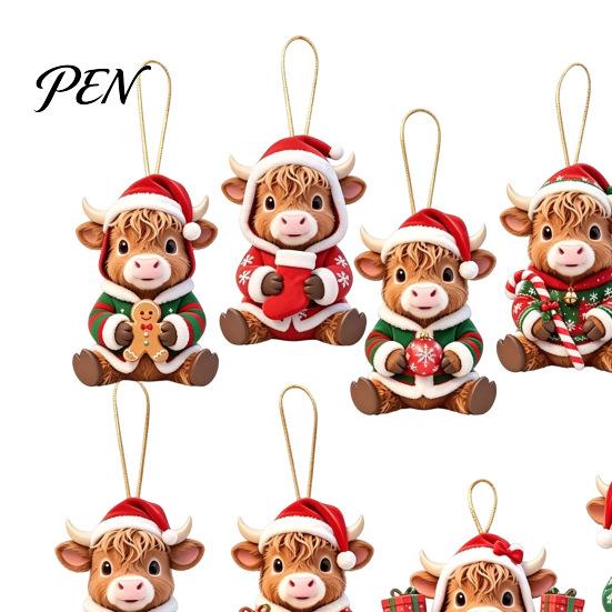 Animal Theme Christmas Tree Ornaments Wooden Highland Cow Ornament, 2D Cute Hanging Shape Decor with String, Farmhouse Holiday Party Decoration