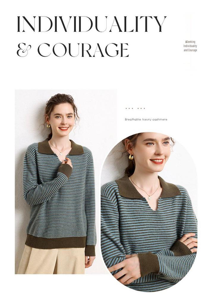 Women's Color-Block Lapel Knit Sweater: Loose Long Sleeve Stripe Base Layer for Autumn/Winter