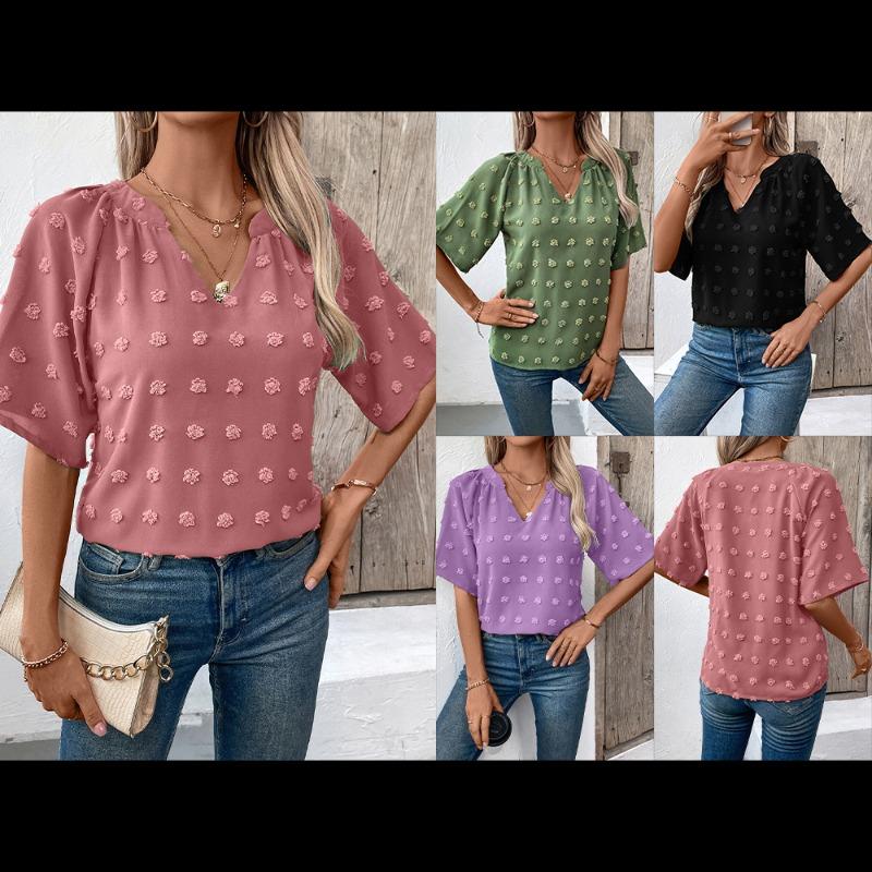Women's Comfortable Loose Jacquard Blouses & Shirts V-neck Short Sleeved Top for Women