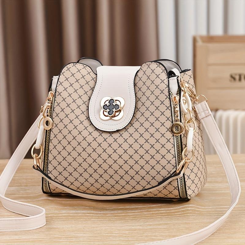 Stylish Geometric Pattern PU Crossbody Bag | Women's Chic Bucket Bag with Flower Buckle & Retro Chain