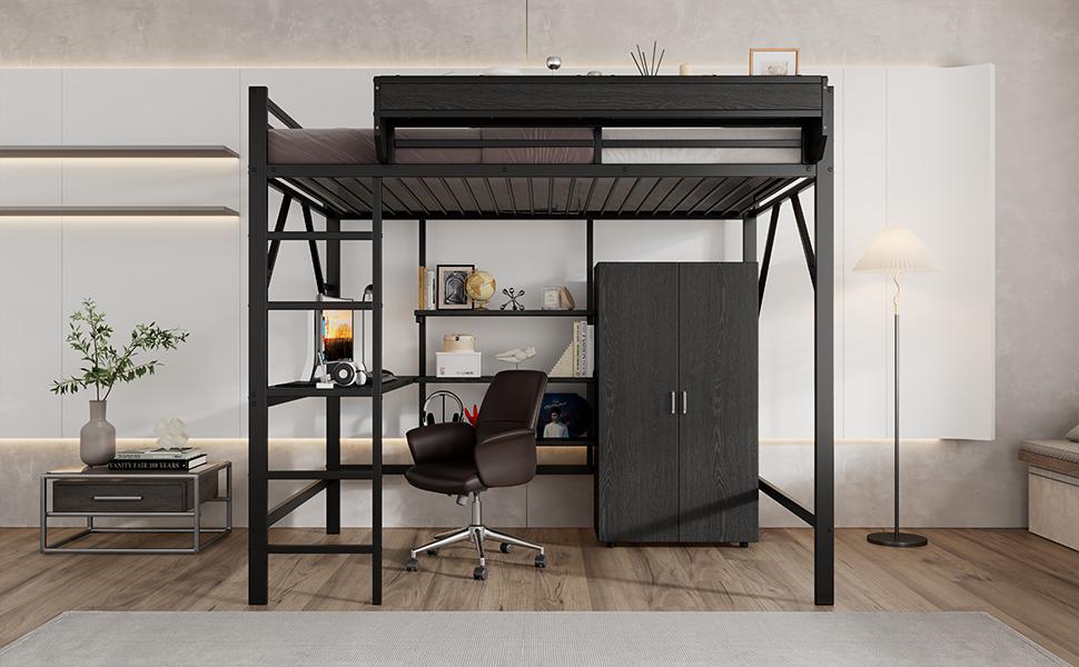 Letto in Ferro, Letto a Soppalco, Doppio Strato di Stoccaggio Sotto la Scrivania, Letto Superiore con Stoccaggio, Con Armadio, Ferro + MDF, Nero, 140x200cm