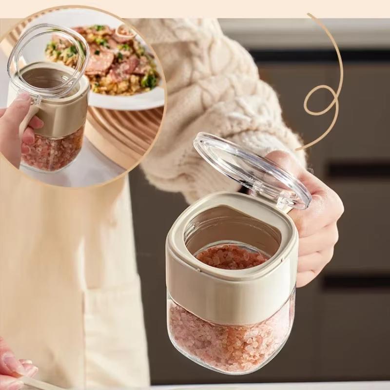 Simple Light Luxury Seasoning Box with Spoon,Food Grade Thickened Lead-free Glass,Transparent Flip Design, Comfortable Handle