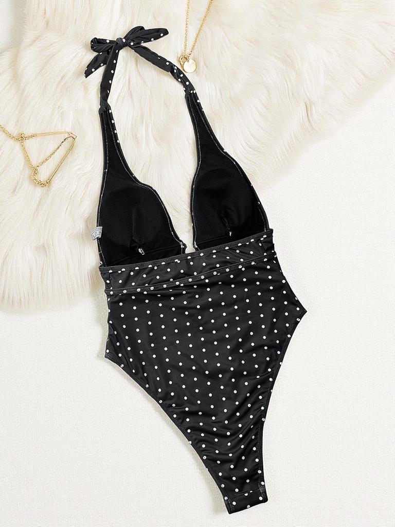 Women's Polo-dot High Waist Sexy Halter One Piece Swimsuit Beachwear