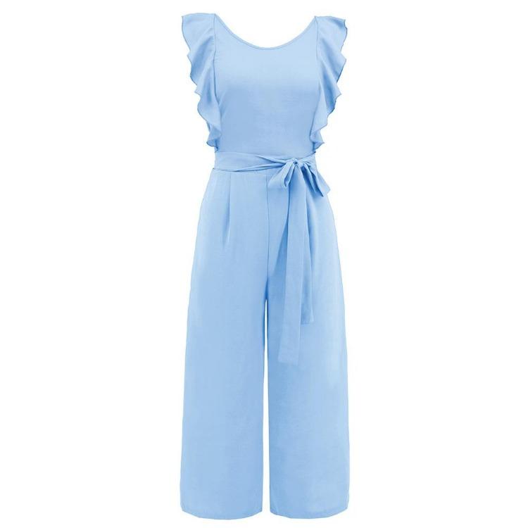 Summer Women Lace Up Ruffle Sleeveless Jumpsuit Solid Color Straight Trousers Fashion Trendy Outfit