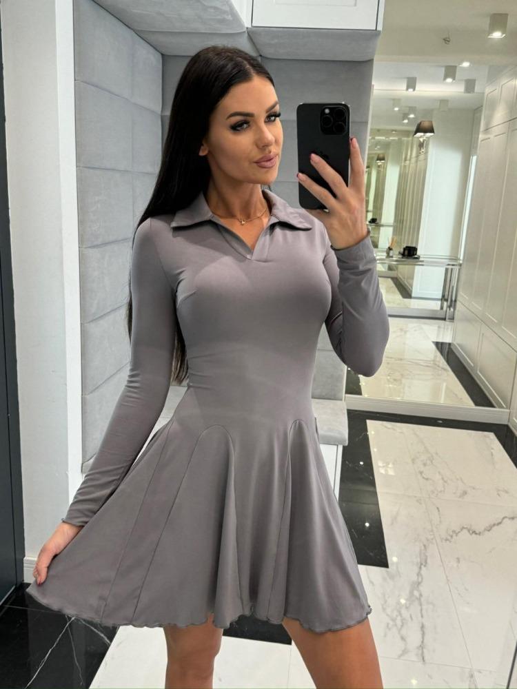 Elegant Autumn Lapel Long Sleeve High Waist Ruffle Hem Slim Pleated Short Comfortable Lightweight Recognition Elegant with Flattering Chic Dress