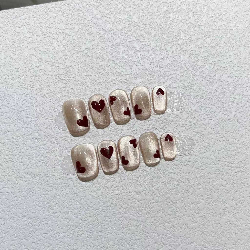 New Year's Manicure Pure Hand-wearing Nail Pieces Handmade High-end Ins White Nude Cat Eyes Short Love