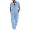 Men's Linen Two-Piece Set Short Sleeve Shirt Open Collar Button Front Top with Long Pants Lightweight Casual Beachwear Outfit