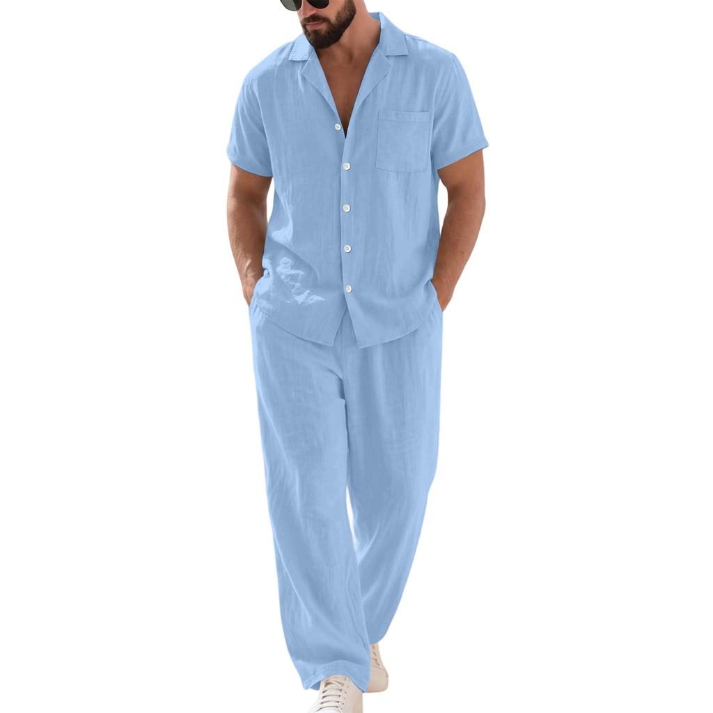 Men's Linen Two-Piece Set Short Sleeve Shirt Open Collar Button Front Top with Long Pants Lightweight Casual Beachwear Outfit