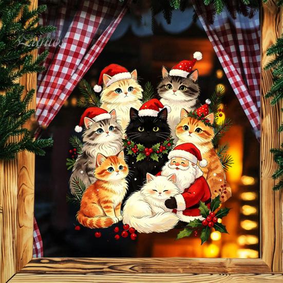 Winter Holiday Window Art Cat Christmas Static Cling Decal, Waterproof PVC Festive Sticker, Xmas Decor Easy Apply Decorative for Home Living