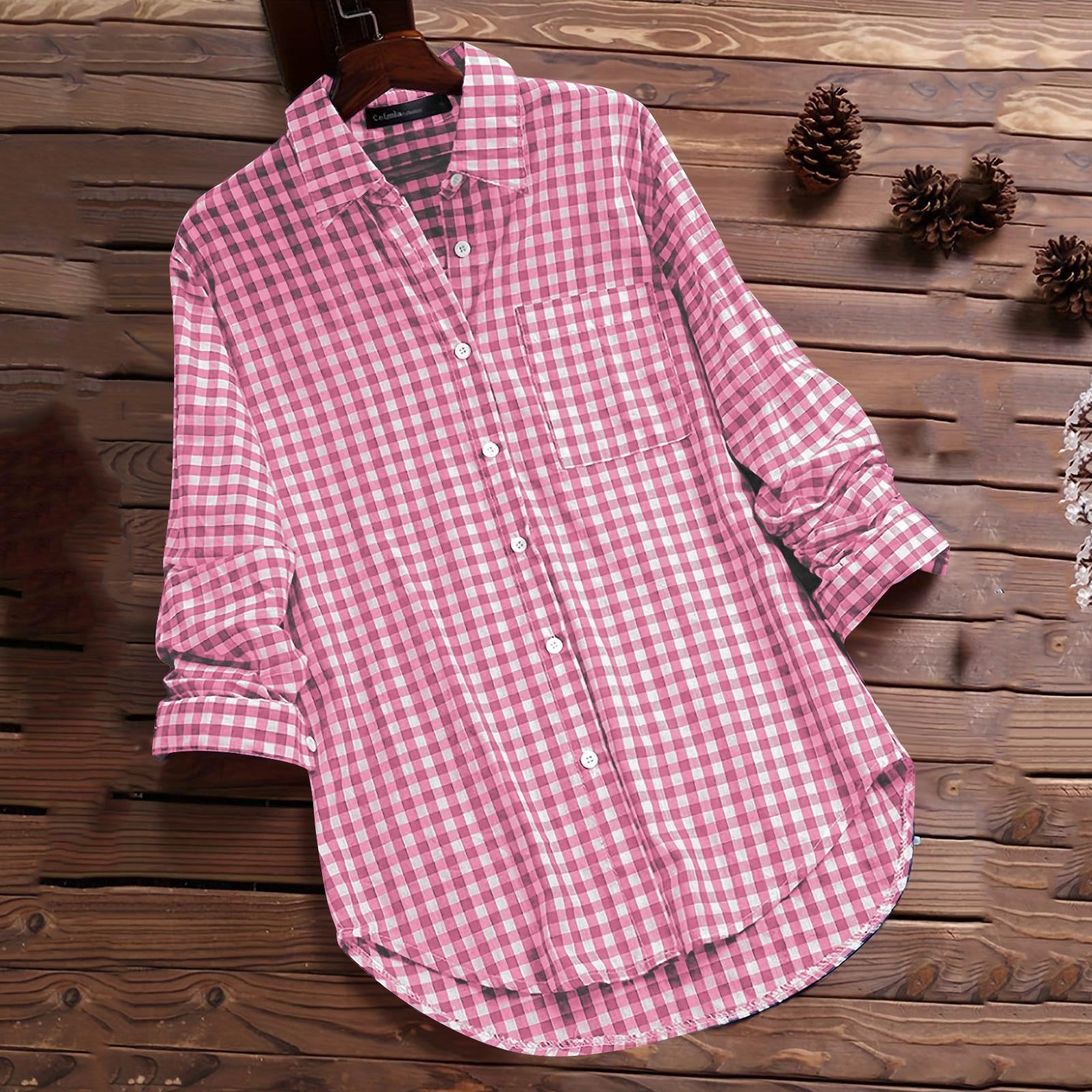 

Женская повседневная модная рубашка с длинным рукавом и лацканами в клетку в винтажном стиле M розовый