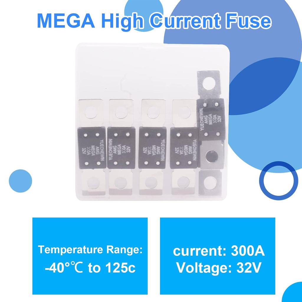 300A MEGA/AMG Fuses, 6 Pcs 300A MEGA/AMG High Current Fuse Bolt Down Auto Fuse Time Delay for Cars, Trucks, Construction Vehicles, Buses, Caravans,