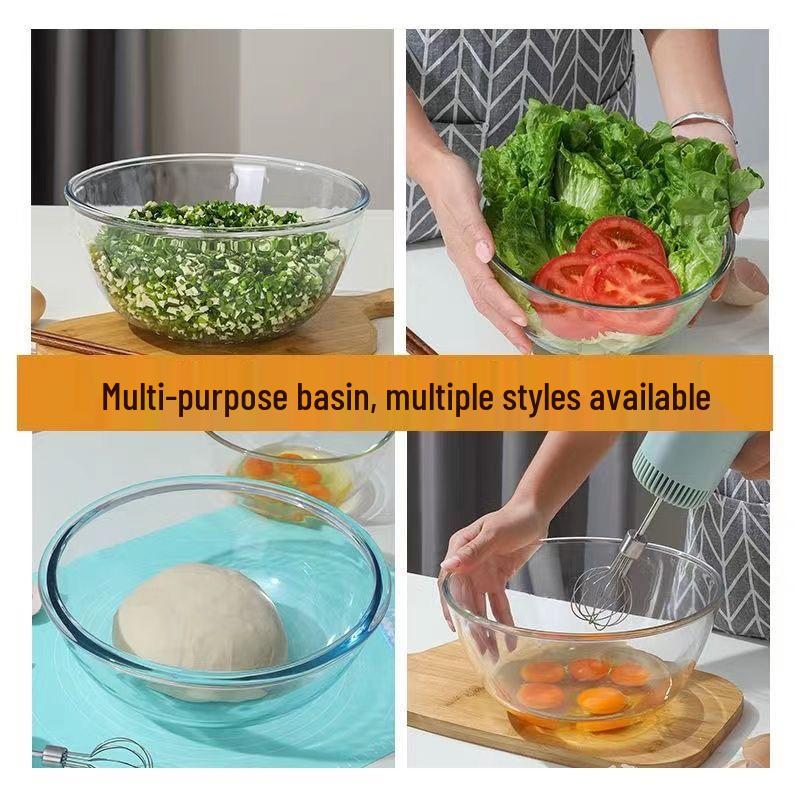 Large-Capacity Glass Washbasin: Thick, Transparent, Multipurpose Bowl for Home Use - Perfect for Filling, Egg Beating, and Vegetable Washing.