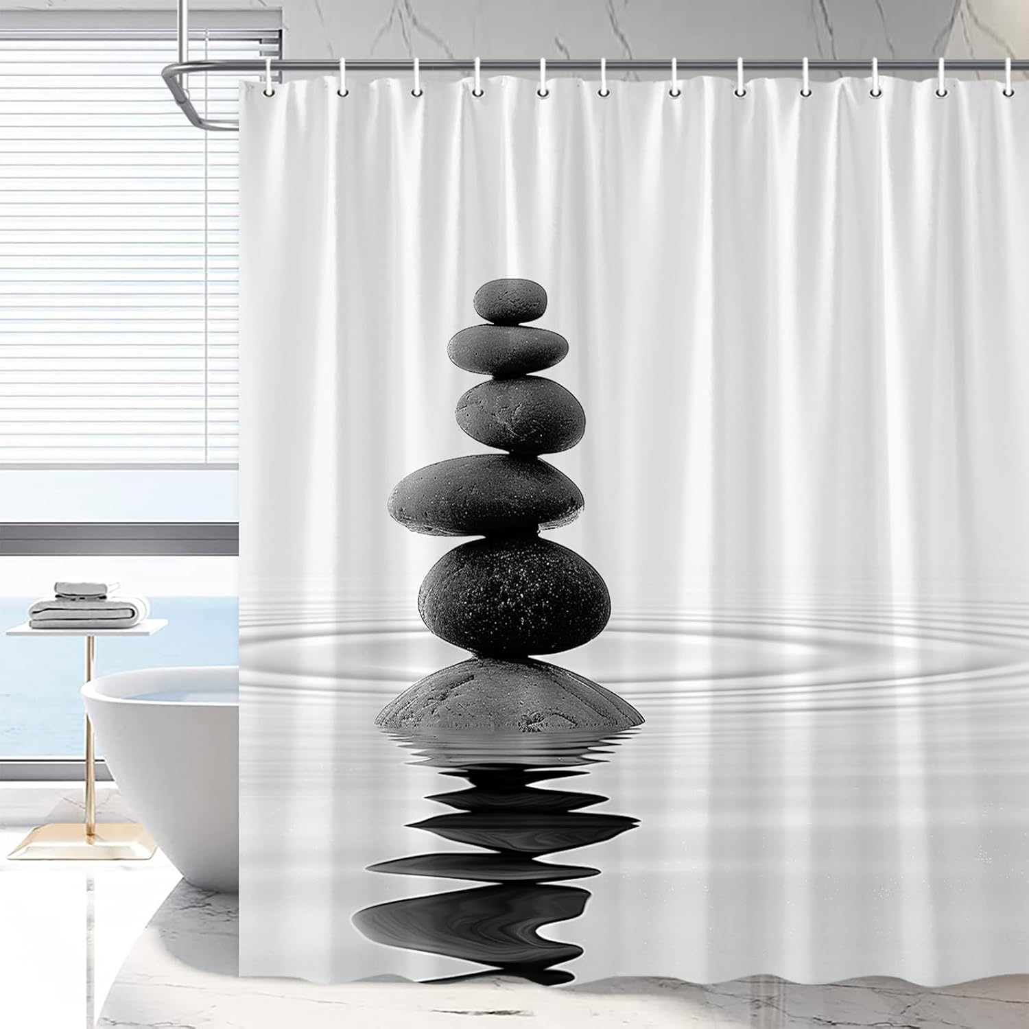 

Stone Shower Curtain, Water Landscape,Meditation,Minimalist,Grey Bathroom Decoration Waterproof Machine Washable with Hooks 90x180CM