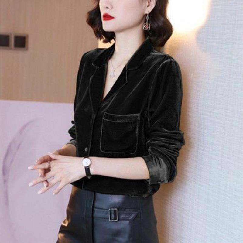 

Весна Осень Бархат Элегантный Модный Однотонный Рубашка Женская Поло с Длинным Рукавом Пуговицы Винтажный Топ Женская Свободная Повседневная Блузка XXL чёрный