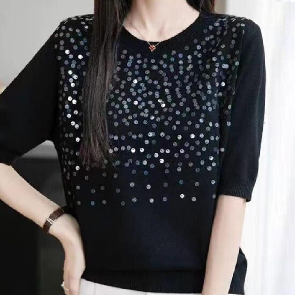 Navava Women S Simple baSic Sequin PoinT Round Neck 5 Sleeve KniT T ShirT Nk3717