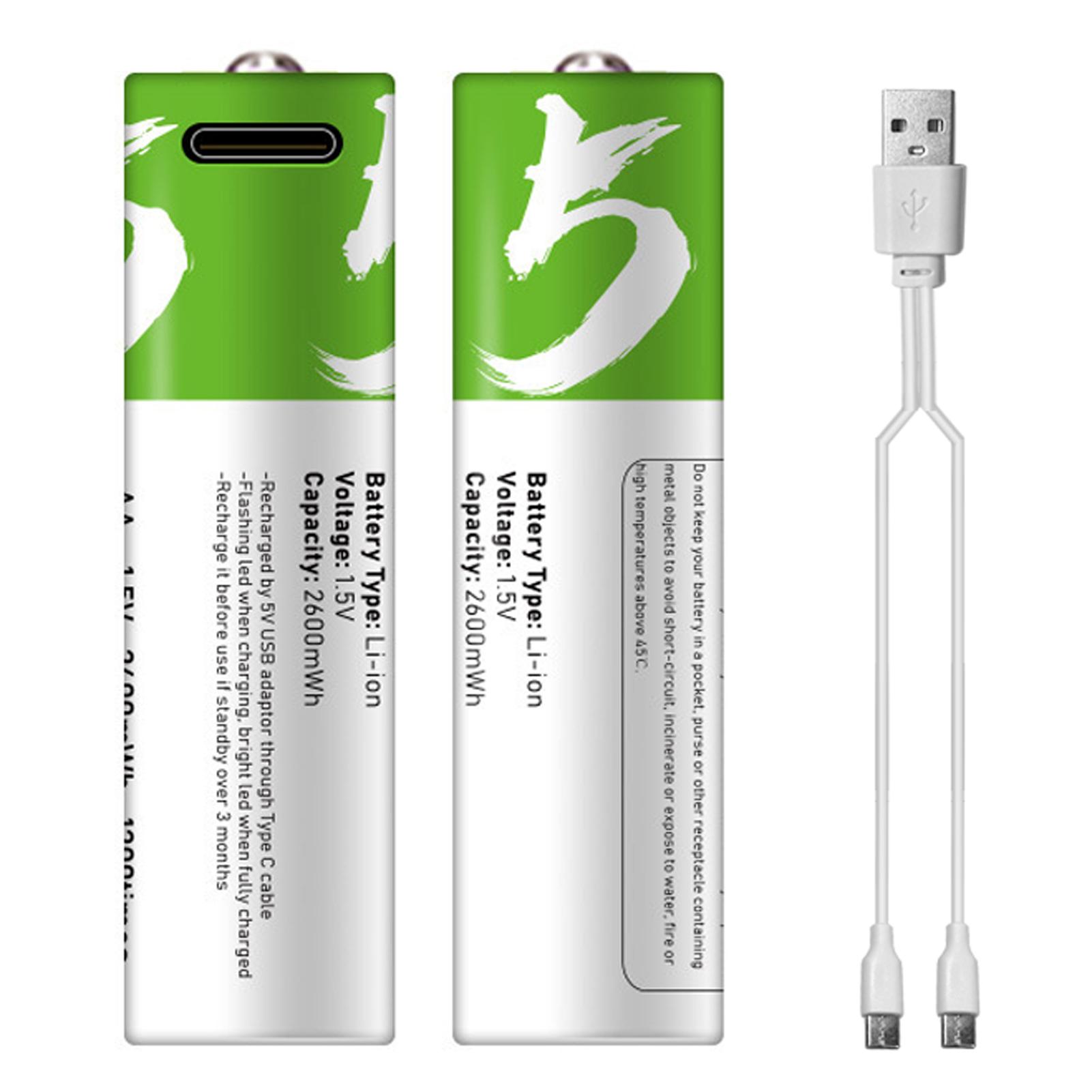 

Перезаряжаемая литиевая батарея AA с портом Type-C, батарея 1,5 В, 2600 мВтч, высокая емкость, постоянное напряжение 2 battery