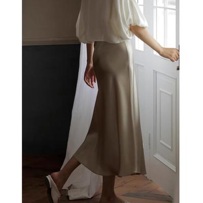 Commuse Memory Acetate Satin A-Line Skirt: Silky Drape, Elastic Waist, Mid-Length.