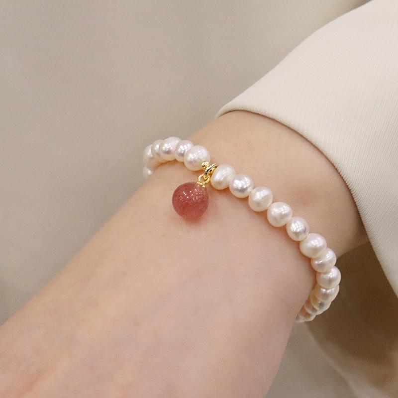 Elegant  Pearl Bracelet for Women, Fashion Round Bead Design Pendant Peal Bangle, Strawberry Crystal Bracelet