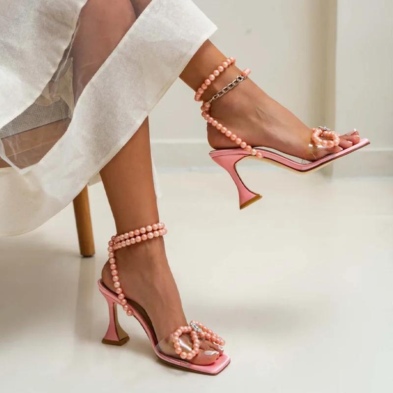 Fashion Ladies Pink Blue Pearl Bow Sandals Wine Glass Heel Shaped Heel Square Toe Large Size 37-42 Pearl Ankle Strap Sandals Footwear