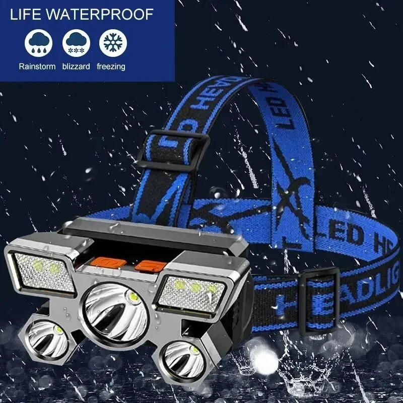 Lampada frontale LED ad alta potenza 5*, Luce super luminosa ricaricabile per pesca e campeggio, Lampada da minatore montata sulla testa a lunga gittata, Torcia elettrica