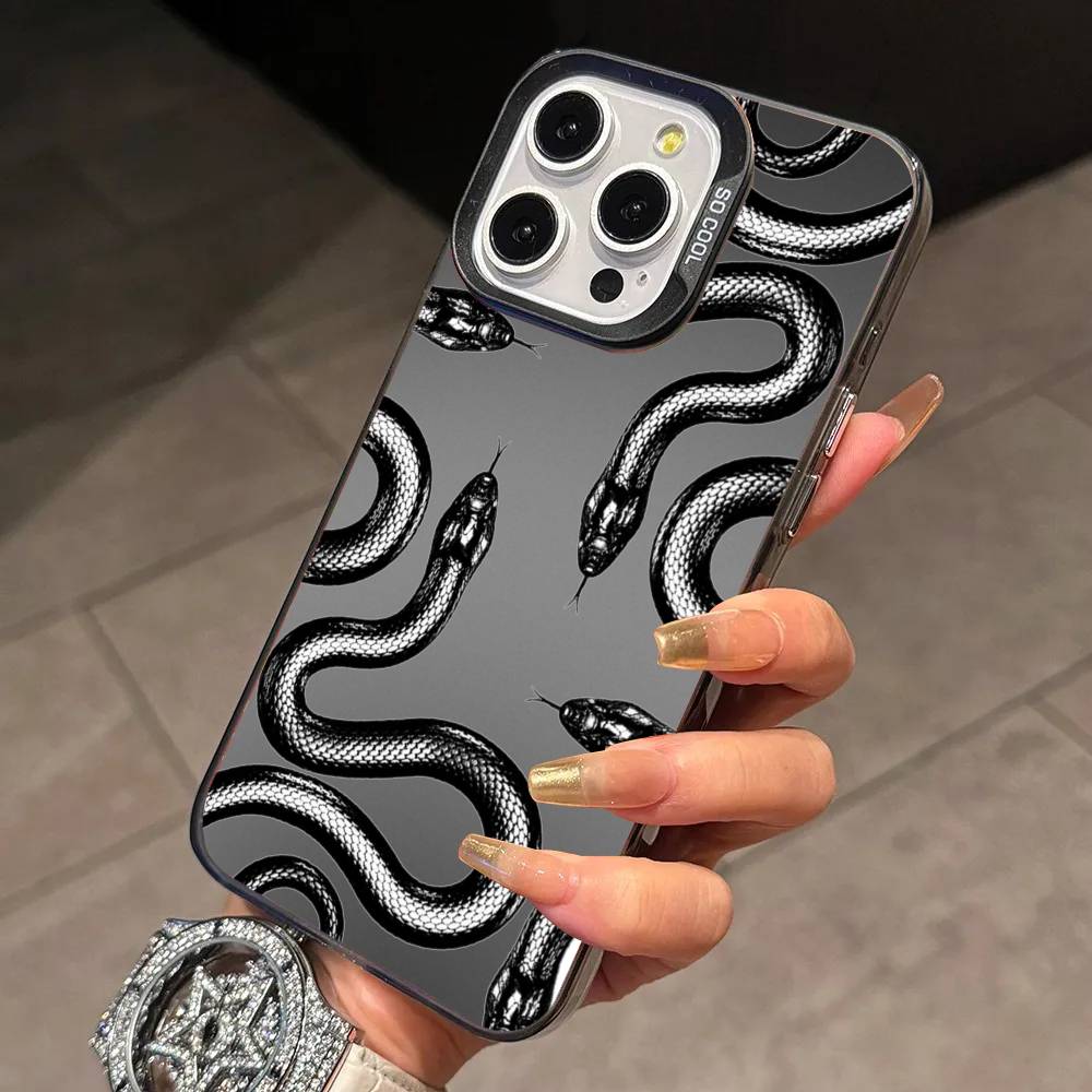 Stylish Black S-Snake Print Phone Case For iPhone 17,16,15,14,13,12,11 Plus,Pro Max,XS,Colored Silver Plated Inside Cover