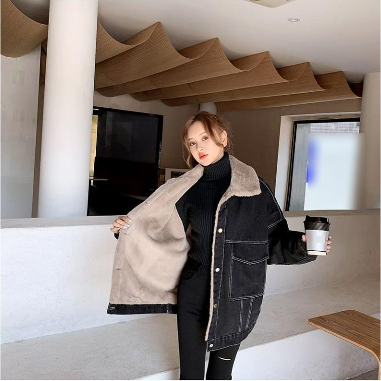 Denim Cotton-padded Jacket Women's Loose Autumn and Winter Late Autumn Plus Velvet Thick Lamb Wool Cotton-padded Jacket Women