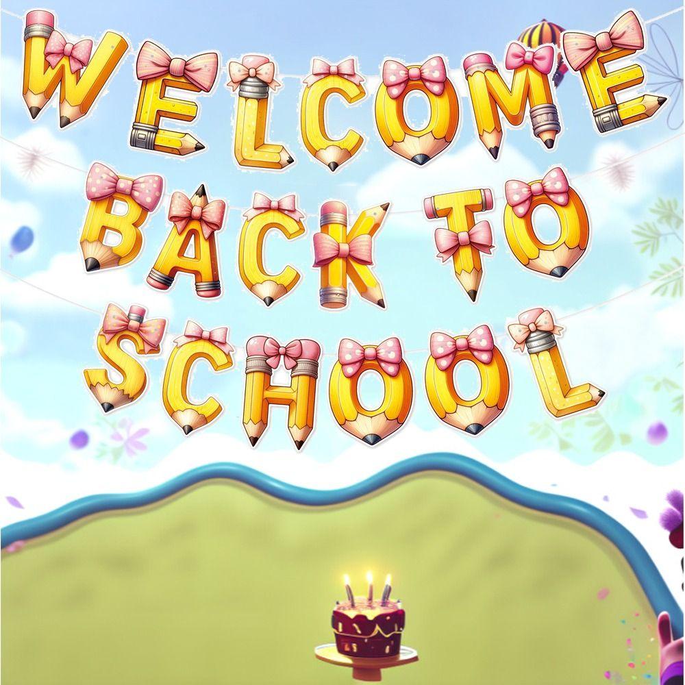 Cartoon Welcome Back To School Banner Pencil Background Hanging Flag  for Birthday Party Decor