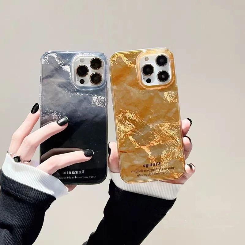 Golden Gradient Tinfoil Texture Phone Case for IPhone 16 14 15 11 12 13 Pro Max 7 8 Plus SE  XR X XS Couple Shockproof Cover