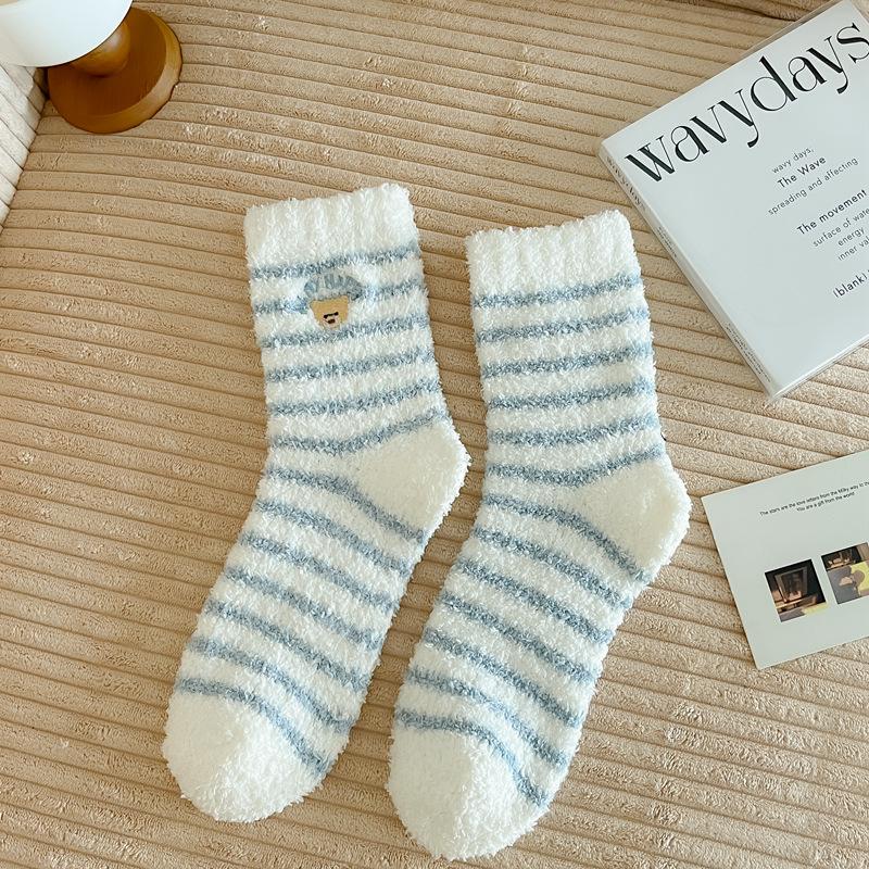 

Coral Fleece Socks Women S Thickened Warm Striped Home Sleeping Socks Cartoon Embroidered Medium Tube Women S Socks Korean one size