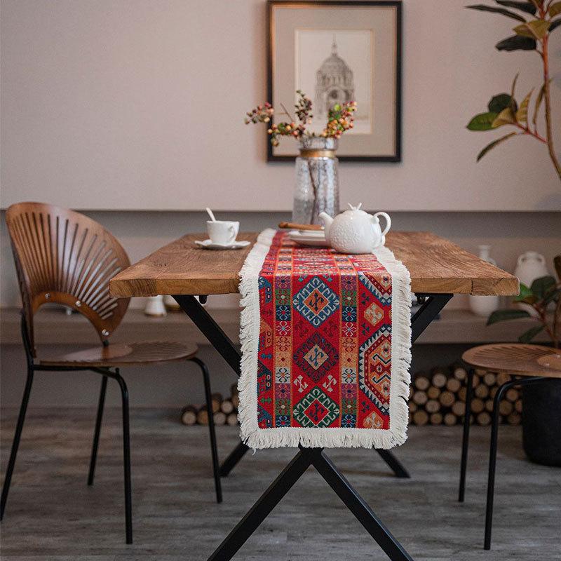 Vintage Jacquard Bomull och Lin Tofs röd Bordslöpare Julfest Bröllop Kök Bordstyg Hem Soffbord Dekor
