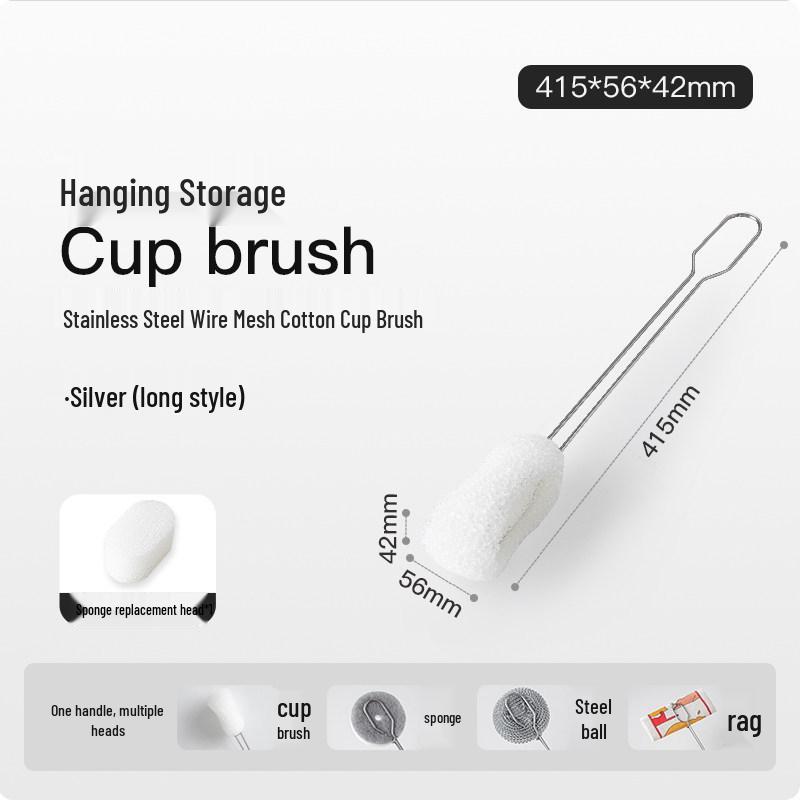 Long-handled Stainless Steel Cup Brush - Sponge Cleaning Brush for Tea Stains & Milk Bottles