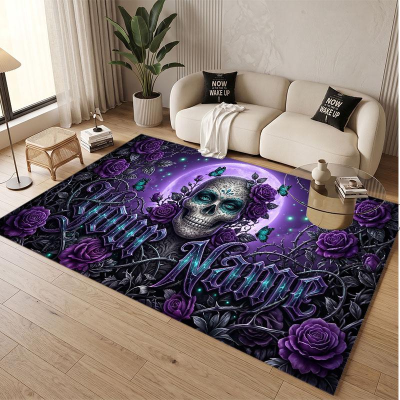 Tappeto Morbido in Velluto di Cristallo Tema Gotico Teschio Stampa Personalizzata Nome e Testo Tappeto Antiscivolo per Camera da Letto Soggiorno