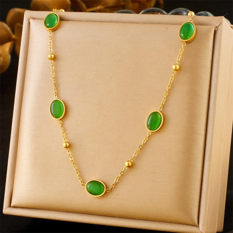 Gold Green Oval Stone Jewelry Set Necklace Bracelet Earrings for Women